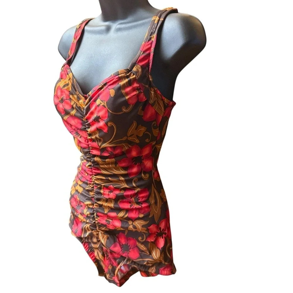 Vintage Maxine Swimsuit Size 12‎ One Piece Hawaiian Floral Brown Red Ruched